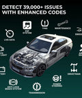 Bluetooth OBD2 Scanner For iPhone And Android Diagnostic Tool showing car diagnostics and icons for over 39,000 car issues.