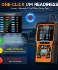 OBD2 Scanner With Live Data And Diagnostics For Check Engine Light DTC Retrieval Readiness Status MIL Reset Vehicle VIN Readout And Monitors For Professional Mechanics And Auto Technicians showing I/M readiness and smog check features.