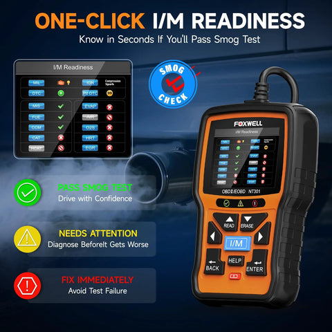 OBD2 Scanner With Live Data And Diagnostics For Check Engine Light DTC Retrieval Readiness Status MIL Reset Vehicle VIN Readout And Monitors For Professional Mechanics And Auto Technicians showing I/M readiness and smog check features.