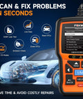 OBD2 Scanner With Live Data And Diagnostics For Check Engine Light DTC Retrieval Readiness Status MIL Reset Vehicle VIN Readout And Monitors displayed with car