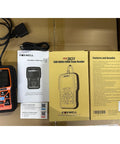 OBD2 Scanner With Live Data And Diagnostics For Check Engine Light DTC Retrieval Readiness Status MIL Reset Vehicle VIN Readout And Monitors For Professional Mechanics And Auto Technicians, showing device, manual, and packaging.