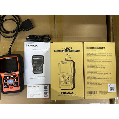 OBD2 Scanner With Live Data And Diagnostics For Check Engine Light DTC Retrieval Readiness Status MIL Reset Vehicle VIN Readout And Monitors For Professional Mechanics And Auto Technicians, showing device, manual, and packaging.