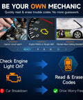 Dashboard and car engine images illustrating OBD2 Scanner With Live Data And Diagnostics For Check Engine Light DTC Retrieval Readiness Status MIL Reset Vehicle VIN Readout And Monitors For Professional Mechanics And Auto Technicians.