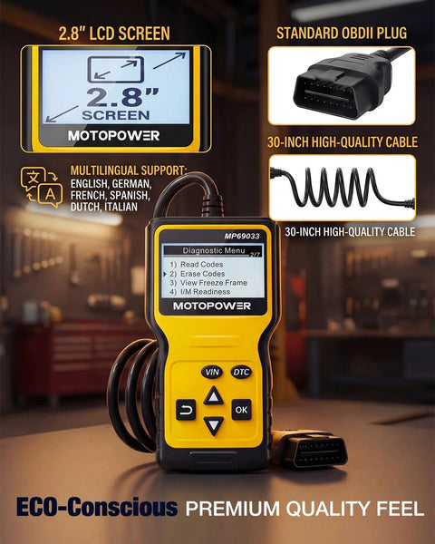 Image showing OBD2 Scanner Code Reader With DTC Library For All OBD II Protocols Since 1996 CAN Diagnostic Tool in workshop.