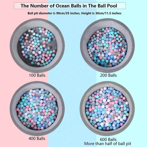 Four ball pit images showing different quantities of colorful ocean balls: 100, 200, 400, and 600 balls in circular pools.
