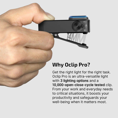 Hand holding an OLIGHT Oclip Pro EDC Clip On Light Rechargeable 500 Lumens With Three Lighting Modes USB C Charging Magnetic Clip
