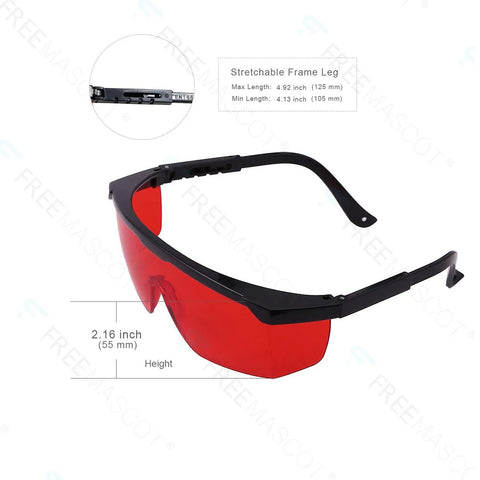 OD4Plus Laser Safety Glasses 190nm-550nm ANSI Z87.1 showing red lenses and adjustable black frame dimensions