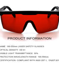 Front view of OD4Plus Laser Safety Glasses 190nm-550nm For 405/445/450/520/532nm ANSI Z87.1 with red lenses and black frame.