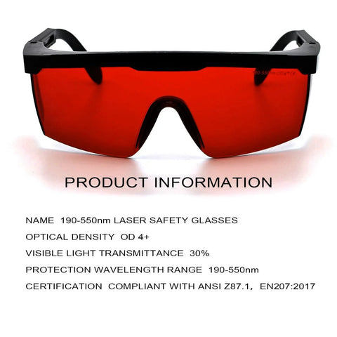 Front view of OD4Plus Laser Safety Glasses 190nm-550nm For 405/445/450/520/532nm ANSI Z87.1 with red lenses and black frame.
