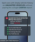 Smartphone screen showing odometer fraud alert with mileage discrepancy, available with FIXD Premium for vehicle history checks.