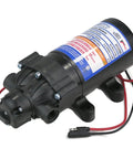 OEM Everflo 2.2 GPM, 12 Volt, 70 PSI, Diaphragm Pump EF2200 with black housing and red wiring, front view