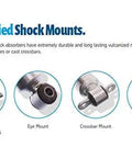 OEM Certified shock mounts with vulcanized neoprene bushings, eye mount, crossbar mount, and large eye mount details.