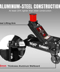 Heavy Duty Off Road Floor Jack With 3 Ton Capacity And Big Wheel Design For Muddy Terrains, Dual Pistons Quick Lift Pump, Aluminum And Steel Construction, Lifts Trucks SUVs ATVs And Other Off Road Vehicles, Road Dawg 6000 Lb Capacity shown with steel lifting arm and aluminum wallboard details