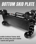 Bottom view of Road Dawg floor jack showing skid plate and big wheel design, part of Heavy Duty Off Road Floor Jack With 3 Ton Capacity.