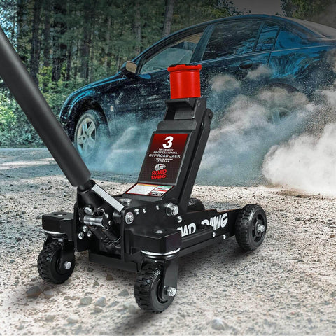 Heavy Duty Off Road Floor Jack With 3 Ton Capacity And Big Wheel Design For Muddy Terrains, in front of car