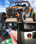 Off-road vehicle with Heavy Duty 12V Off Road LED Light Bar Wiring Harness Kit installed, focus on illuminated 3 pin rocker switch with red indicator