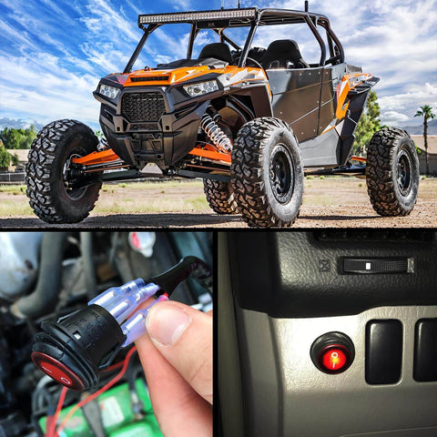 Off-road vehicle with Heavy Duty 12V Off Road LED Light Bar Wiring Harness Kit installed, focus on illuminated 3 pin rocker switch with red indicator