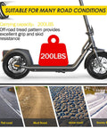 10x2.75-6.5 Scooter Tire Off Road showcasing tread pattern and 200 lbs capacity, suitable for various road conditions like flat, mud, stone, snowy.