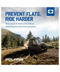 Off-road vehicle driving through forest trail, text reads 'Prevent Flats, Ride Harder', suitable for tire puncture protection with tubed and tubeless tires.