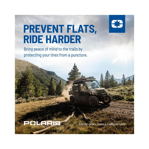 Off-road vehicle driving through forest trail, text reads 'Prevent Flats, Ride Harder', suitable for tire puncture protection with tubed and tubeless tires.