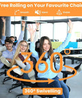People enjoying 360-degree swiveling chairs in an office with 'Free Rolling on Your Favourite Chair' text overlay.