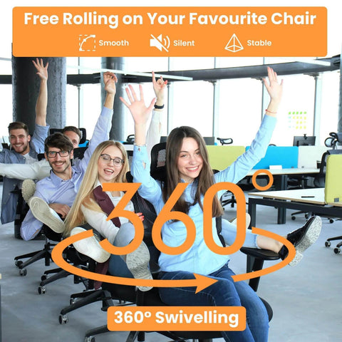 People enjoying 360-degree swiveling chairs in an office with 'Free Rolling on Your Favourite Chair' text overlay.