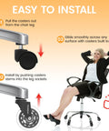 3 Inch Office Chair Wheels Replacement Casters For Carpet And Hard Floors 7-16 Inch Diameter And 7-8 Inch Stem Length Set Of 5 Smooth Quiet Rolling Heavy Duty 660 Lb Capacity Easy Installation For Furniture And Home Office shown with installation steps and a person sitting on a chair.