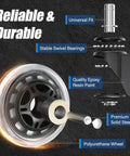 Diagram of Office Chair Caster Wheels Set Of 5 Universal Fit 2.5 Inch Blade Wheels with Soft Polyurethane Rollers and labeled features