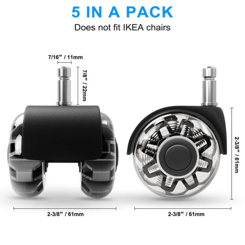 5-Pack Office Chair Caster Wheels Heavy-Duty Low Noise for Hardwood Floors and Carpet, clear polyurethane design.