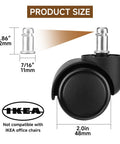 Image of a single black office chair caster wheel showing dimensions, compatible with standard chairs, not IKEA.