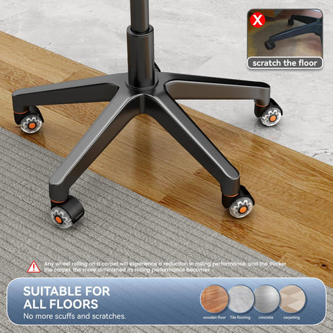 2 Inch Office Chair Wheels Replacement Set Of Five Casters For Carpet Hardwood Floors And Tile 7/16 To 7/8 Inch Stem Smooth Quiet Rolling High Load Capacity Up To 880 Lb Made From Elastic Transparent CPU Material installed on chair base on mixed floor surfaces