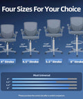 Comparison of office chair sizes with gas lift cylinders, showing 4 inch, 4.5 inch, 5.5 inch, and 8 inch strokes for various heights.