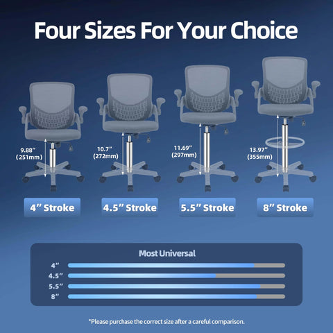 Comparison of office chair sizes with gas lift cylinders, showing 4 inch, 4.5 inch, 5.5 inch, and 8 inch strokes for various heights.