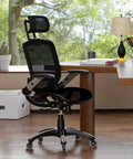 Ergonomic office chair with mesh backrest on Office Chair Caster Wheels Set Of 5 Universal Fit 2.5 Inch Blade Wheels, hardwood floor.