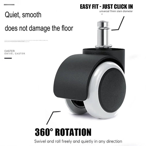 Close-up of a 2 Inch Universal Office Chair Wheel, heavy-duty rubber caster, white polyurethane for smooth rolling, floor protection.