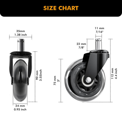 Size chart of Five Pack Office Chair Wheels 3 Inch Heavy Duty Replacement Casters With Smooth Rolling Quiet Floor Protectors