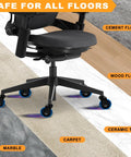 Office Chair Wheels Replacement Set Of Five 3 Inch Soft Non Marking Polyurethane Casters For All Floors Including Hardwood And Carpet Delivers Smooth Quiet Glide For Desk Chairs Blue shown on various floor types.