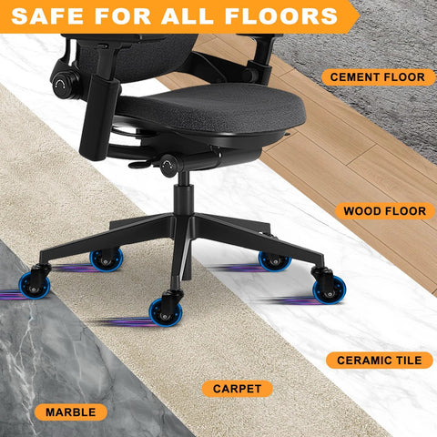 Office Chair Wheels Replacement Set Of Five 3 Inch Soft Non Marking Polyurethane Casters For All Floors Including Hardwood And Carpet Delivers Smooth Quiet Glide For Desk Chairs Blue shown on various floor types.