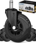 Set of black caster wheels for office chair with packaging in the background