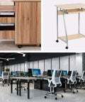 Office furniture including desk on wheels, drawer unit with casters, and office chairs in workspace.