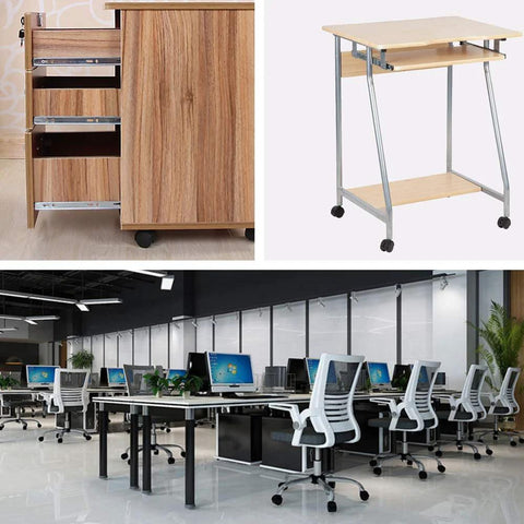Office furniture including desk on wheels, drawer unit with casters, and office chairs in workspace.