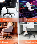Collage of chairs with office, gaming, desk, and kneeling chairs on various floors.