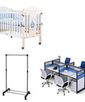 Collection of furniture items including a white crib with a sailboat design, a black clothing rack, and an office desk setup with chairs.