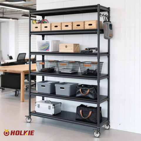 Black shelving unit on 5 Inch Total Locking Stem Caster Wheels Set of 4 Heavy Duty Swivel Castors in an office setting