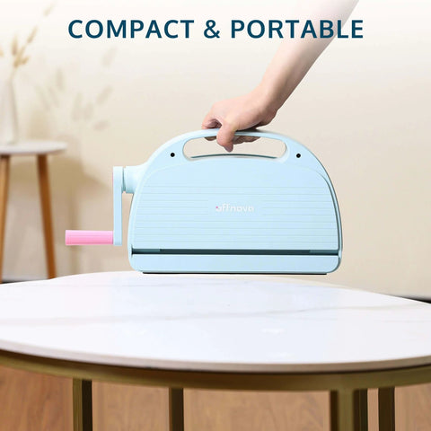 Person holding No Fuss Die Cutting And Embossing Machine With An 8.5 Inch Opening, showing its compact and portable design, OFFNOVA.