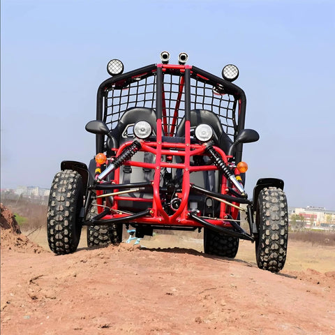 Off-road vehicle equipped with 1/2 inch Heim Joint Rod End Kit, chromoly panhard rod ends for steering and suspension, on a dirt hill