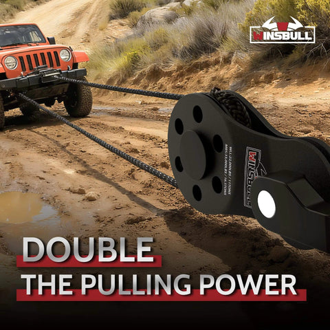 Winch Snatch Block Pulley 11 Tons Fits 1/4" to 1/2" Rope in use with vehicle during off-road recovery