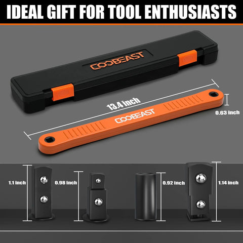 Three Eighths Inch Offset Extension Wrench For Tight Spaces, Impact Ready Socket Extender displayed with size measurements and drive adapters