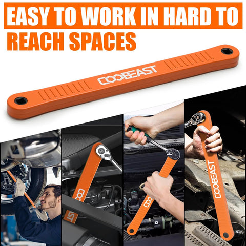 Three Eighths Inch Offset Extension Wrench For Tight Spaces, Impact Ready Socket Extender in use, high carbon steel, orange.