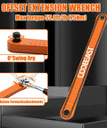 Three Eighths Inch Offset Extension Wrench For Tight Spaces displayed on a metal surface, highlighting max torque and swing features.